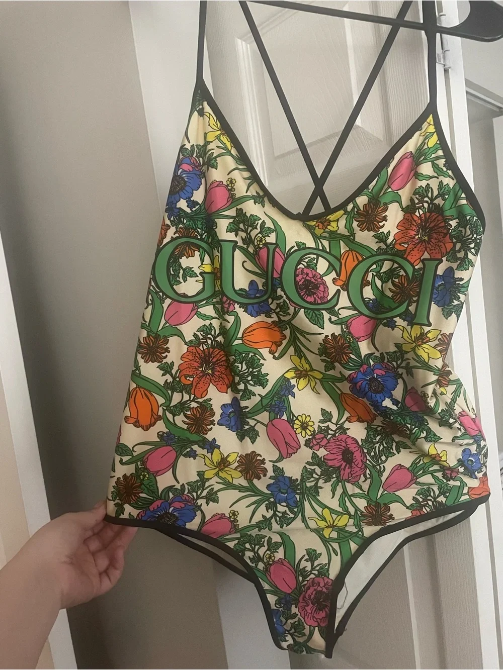 Gucci Floral Print One-Piece Swimsuit in Cream, Green, Pink, Blue, Orange